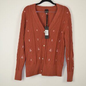Aaeda Women L Viscose Blend Long Sleeve Button Down Cardigan Embroidered Sweater